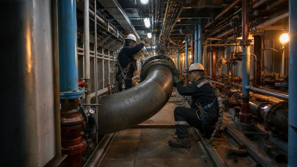 Een gebogen leidingdeel wordt tussen de scheepsleidingen gehesen