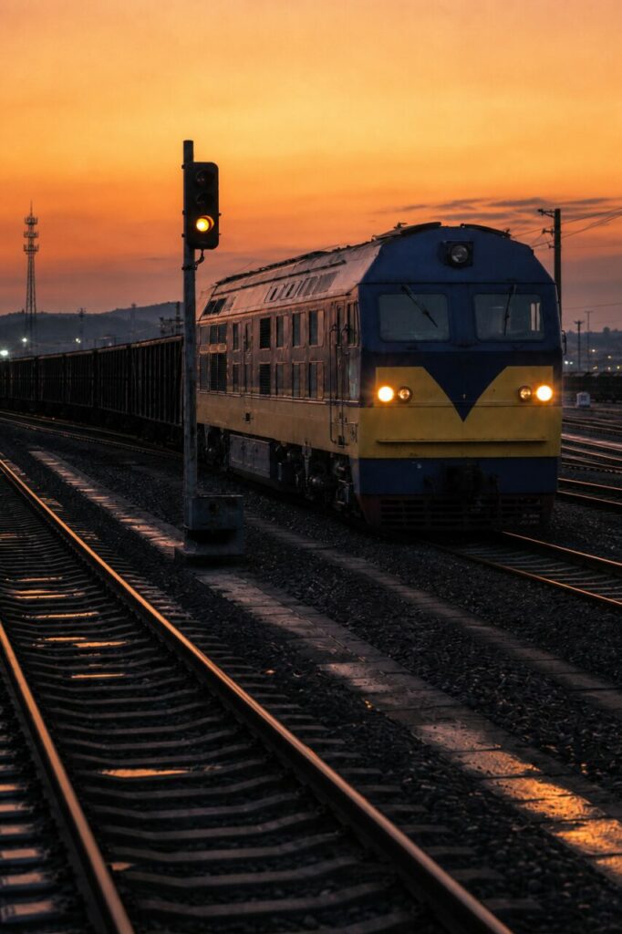 Linhas convergentes no terminal — locomotiva diesel e comboio de granéis