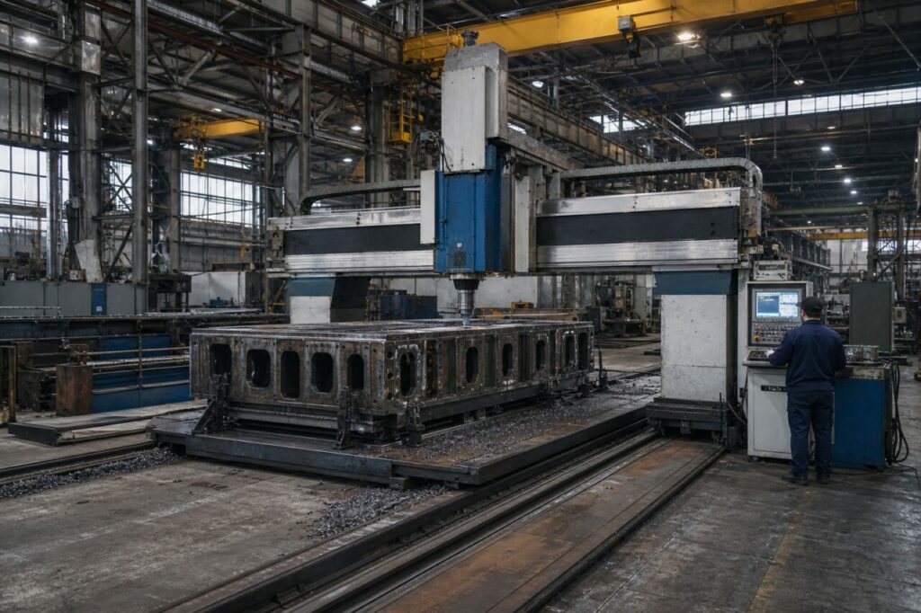 Bridge milling center machining a welded frame with an anonymous operator in a high-bay workshop
