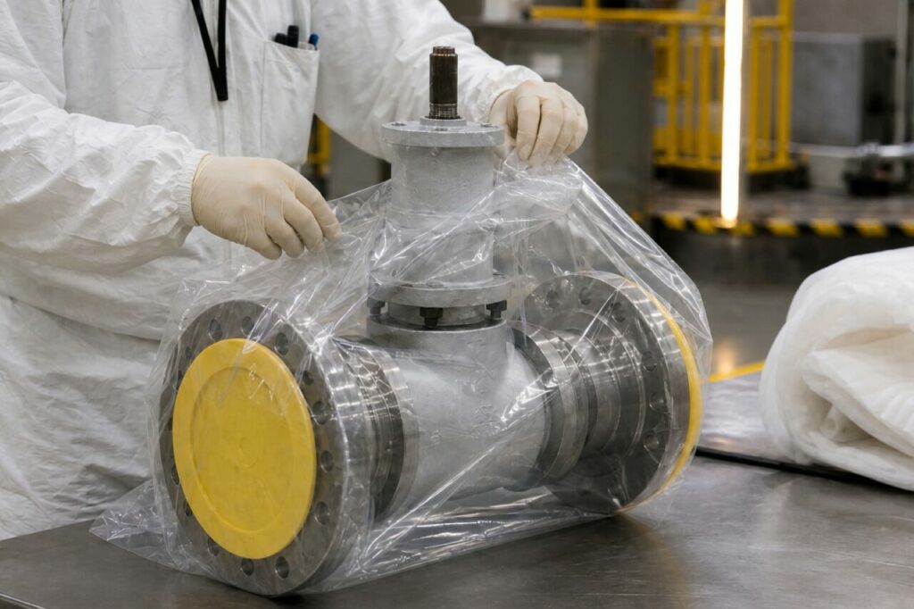 Vanne industrielle obturée sous housse transparente de protection