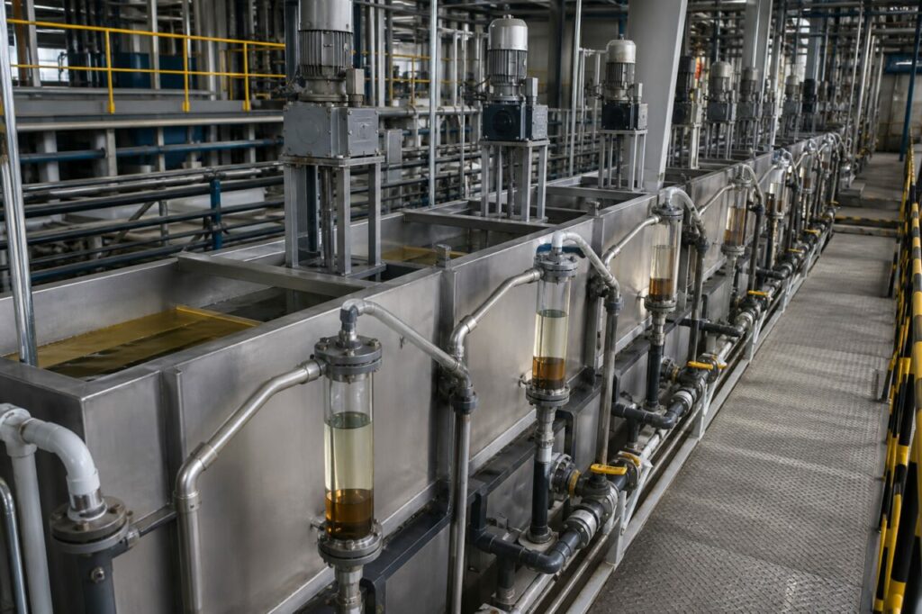 Transparent sight glasses and yellow valves on a tantalite-coltan purification line