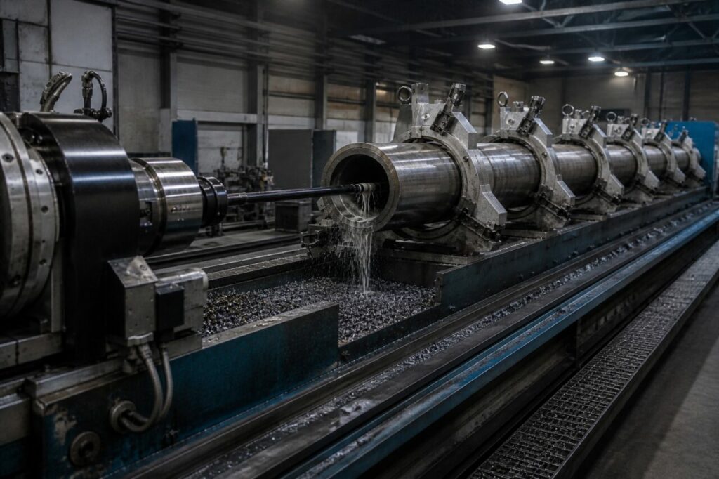Deep-hole CNC drilling machine working on an oil-drilling body — Wide three-quarter view of the cylindrical tube, axial tool and chips