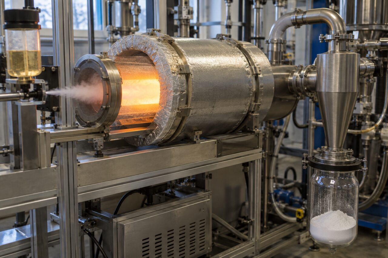 Zone chauffée pour convertir un aérosol précurseur en poudre minérale par pyrolyse par pulvérisation